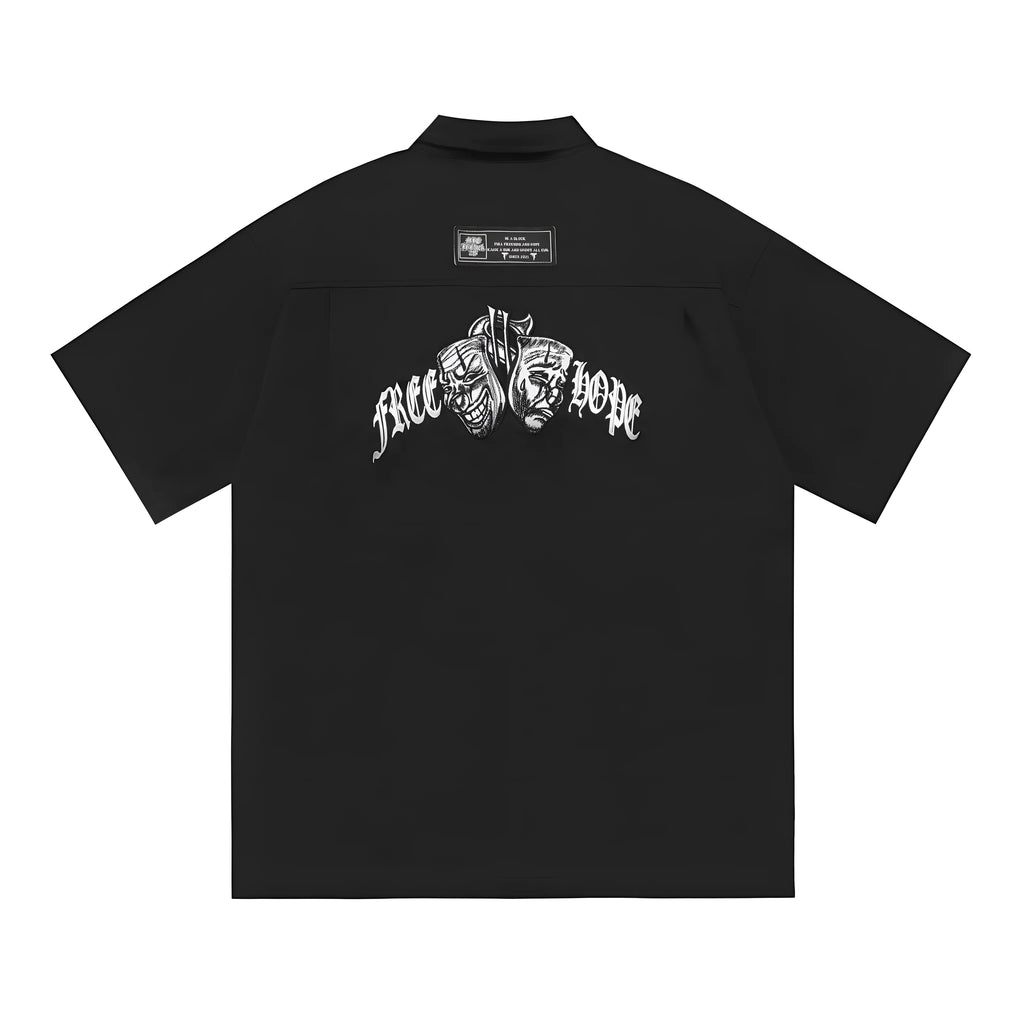 Men's black plus size loose fit cotton shirt with embroidery detailing on half sleeves