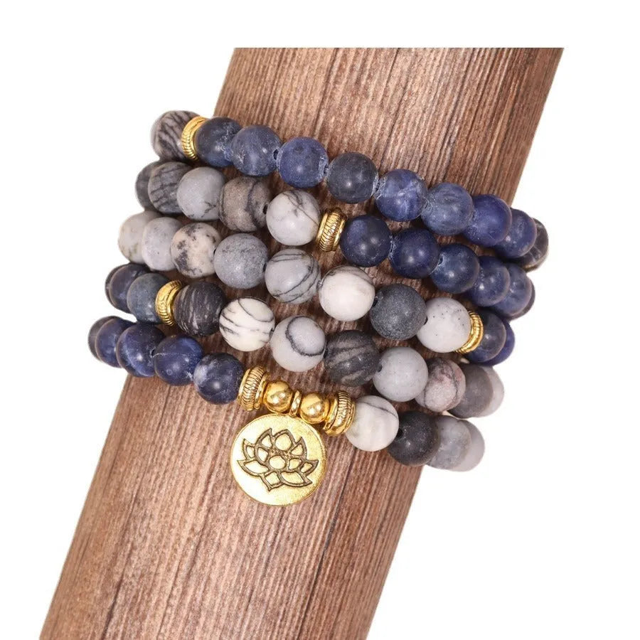 Blue patterned network stone bead multi-layer bracelet with adjustable alloy chain