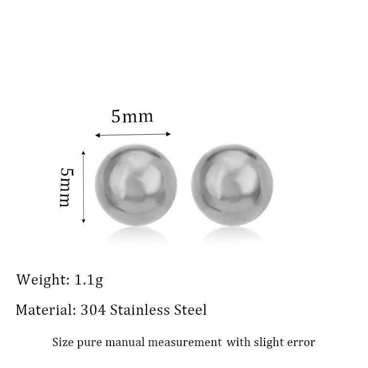 Stainless steel ball stud earrings showing 3mm, 4mm, 5mm, and 6mm sizes with gold and silver finishes