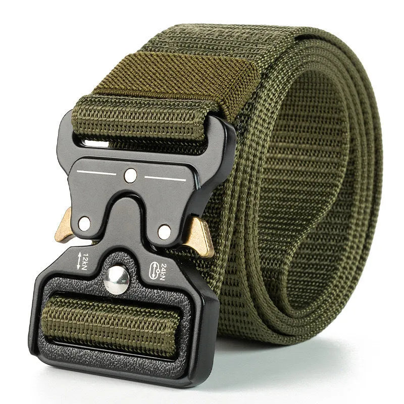 Men's thick canvas tactical belt with alloy release buckle, shown in multiple colour options including Army Green and black.