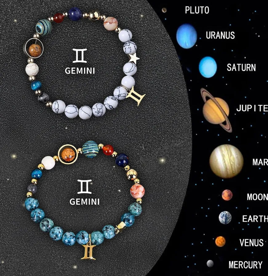 Set of twelve natural stone bead bracelets laid out, each representing a different zodiac sign.