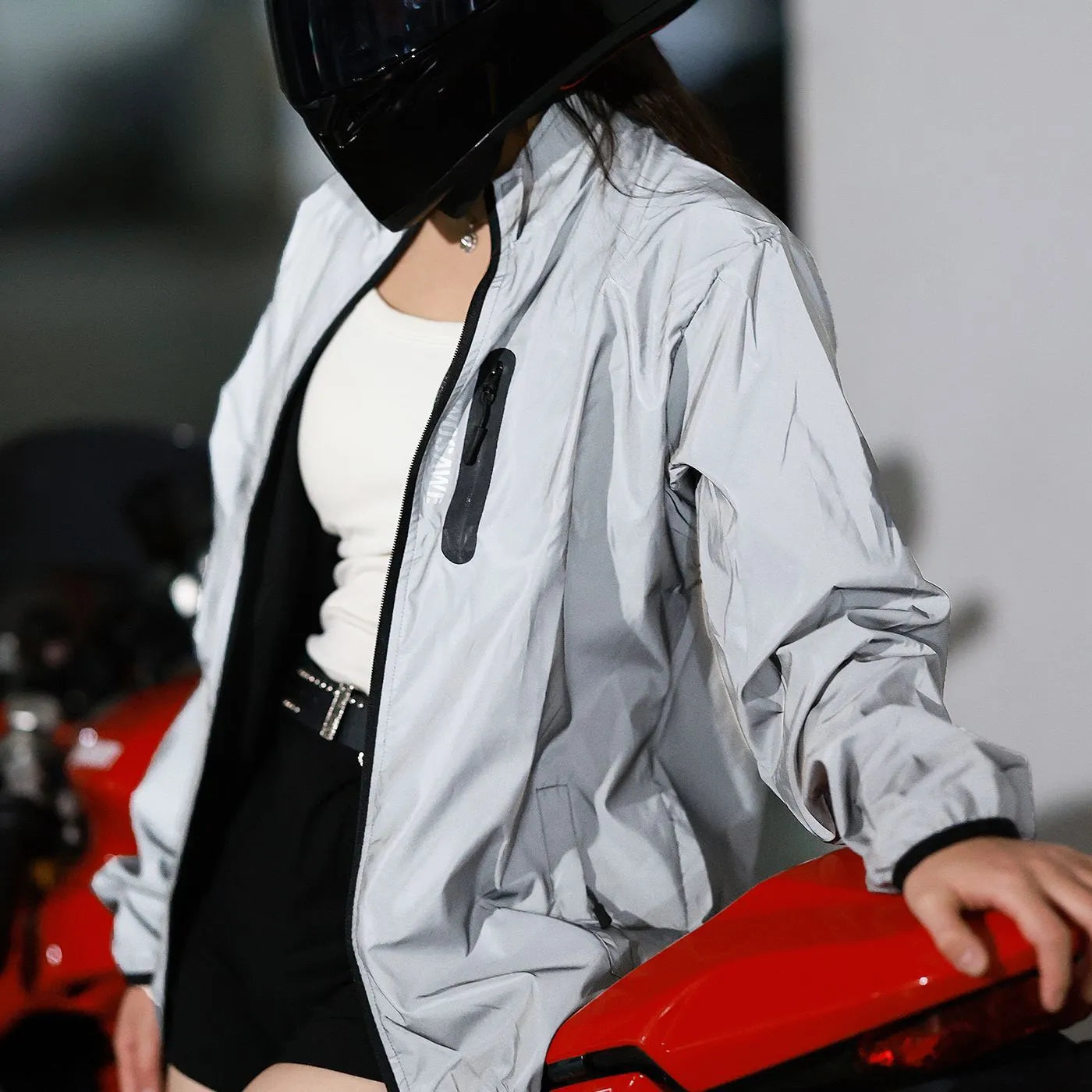 Waterproof polyester long sleeved top in silver BL220 colour showing windproof outdoor jacket