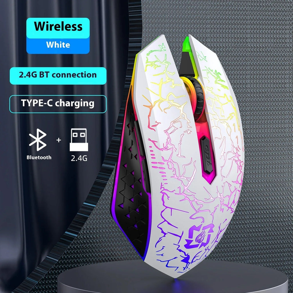 Black and white Bluetooth dual-mode gaming mouse with luminous breathing light and rechargeable design