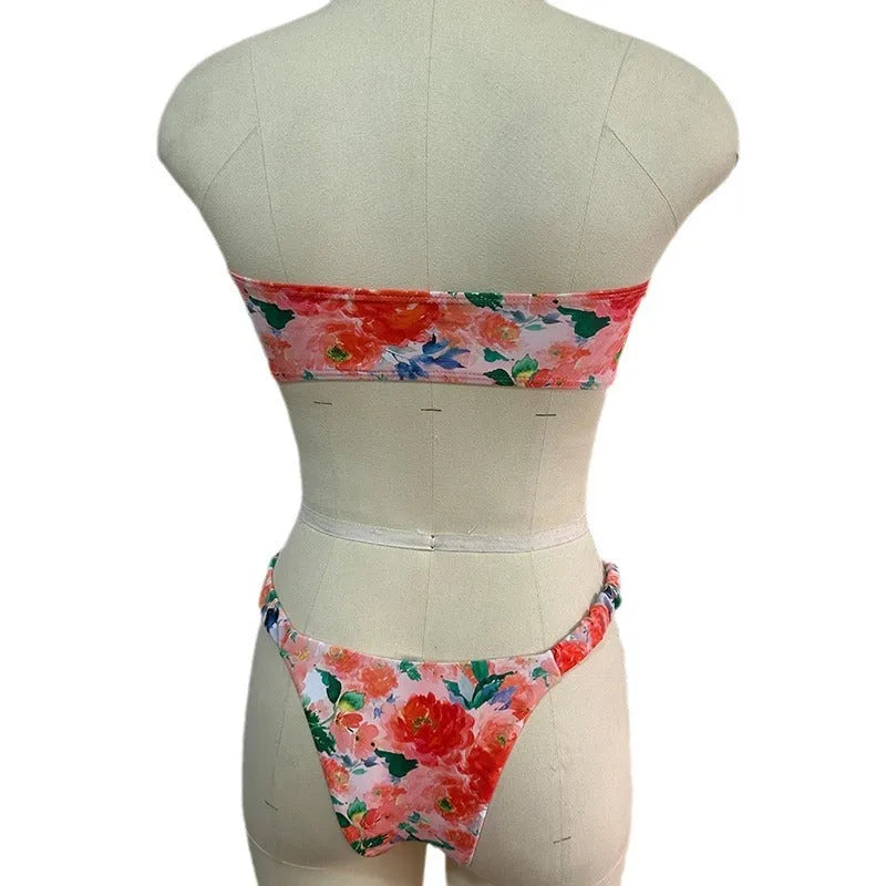 Printed tube top bikini set with lace detail and floral pattern in blue colour