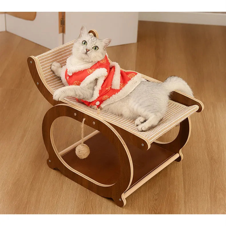 Solid wood cat scratching mat and bed in walnut colour with sisal surface.
