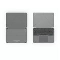 Grey wireless Bluetooth folding keyboard shown open for typing and folded for storage