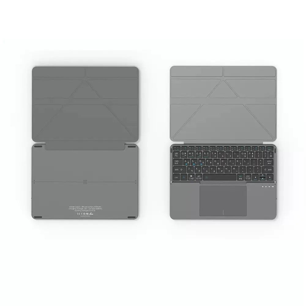 Grey wireless Bluetooth folding keyboard shown open for typing and folded for storage
