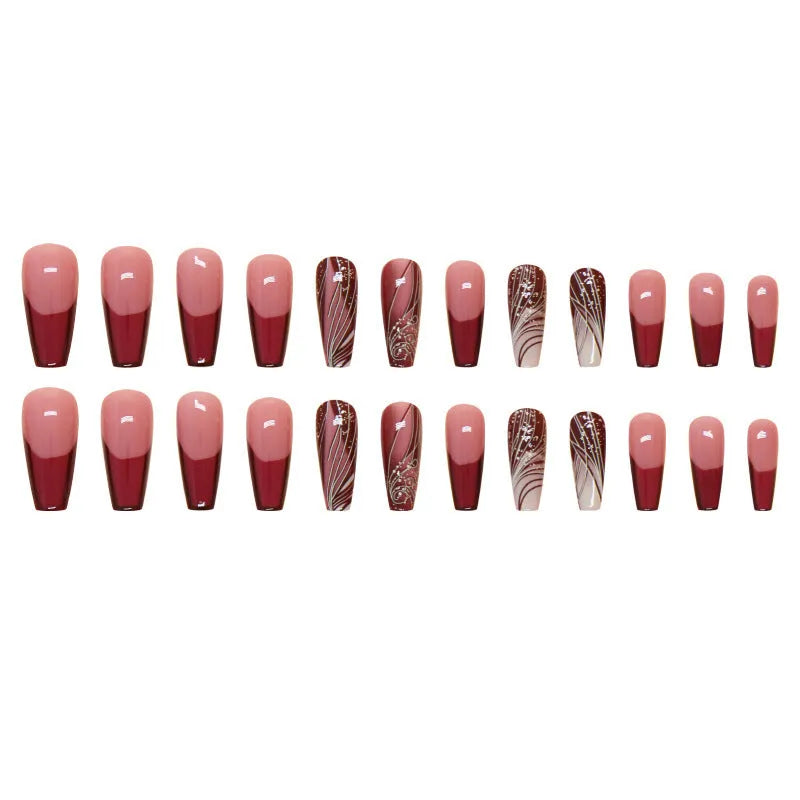 French line W1620 pattern fake nails set with 24 ABS plastic patches and glue
