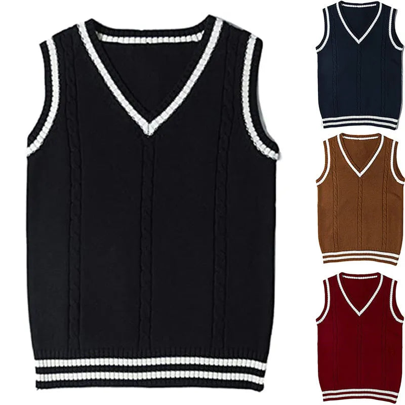 Women's slim fit V-neck waistcoat knitted sweater with striped stitching in acrylic fabric