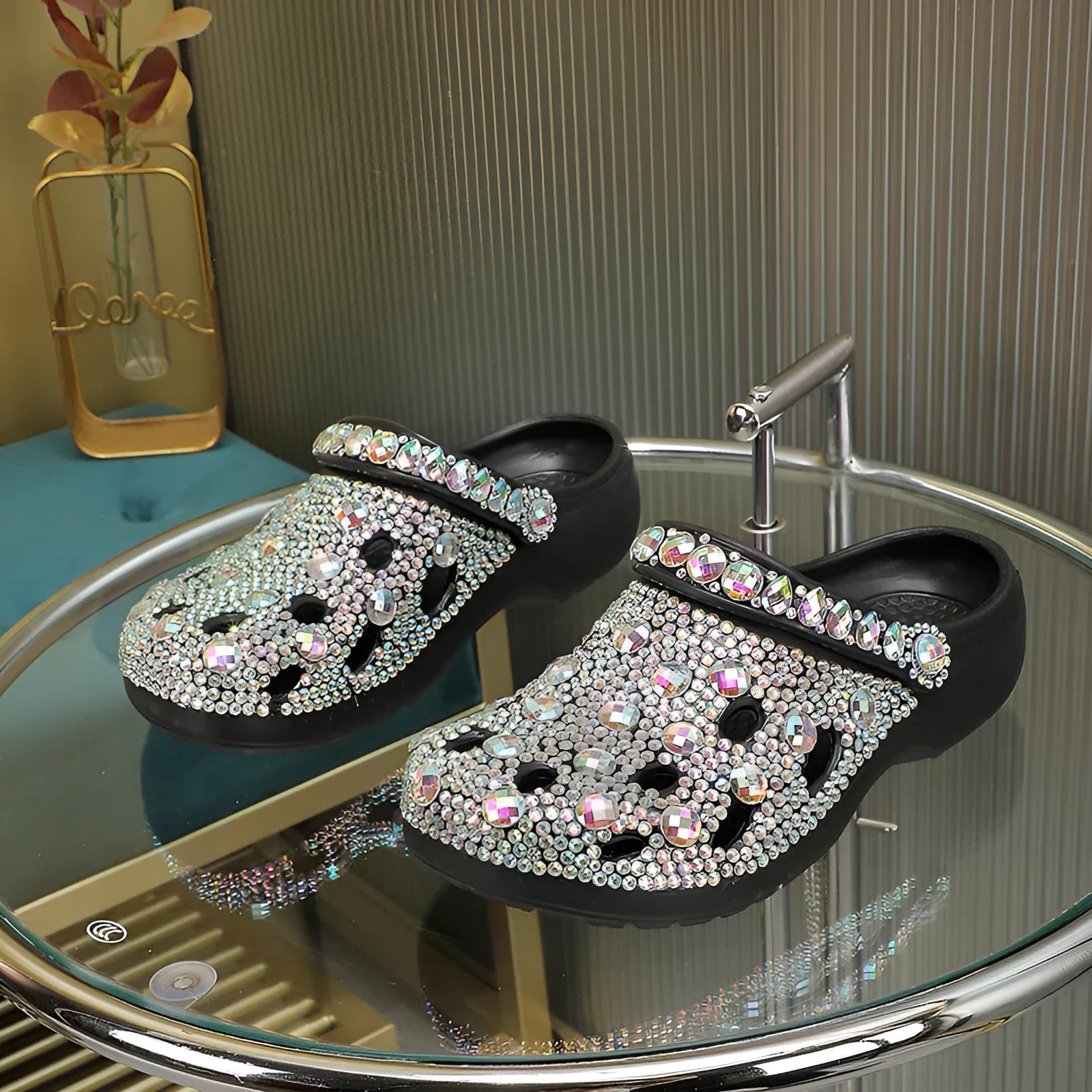 Black women's platform sandals with rhinestone decoration and perforated hole design