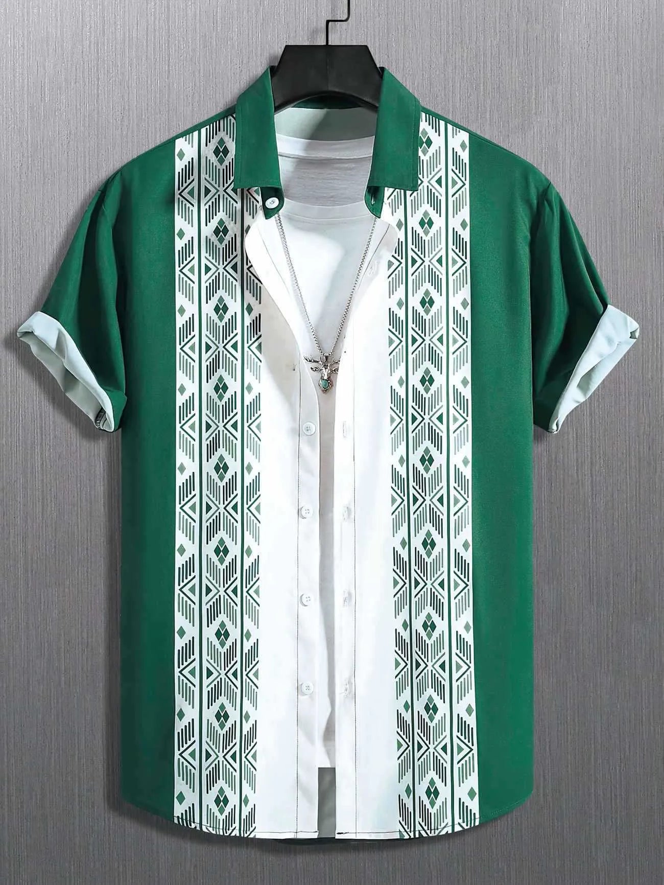 Men's loose fit plaid shirt with lapel cardigan style in contrast colours with short sleeves