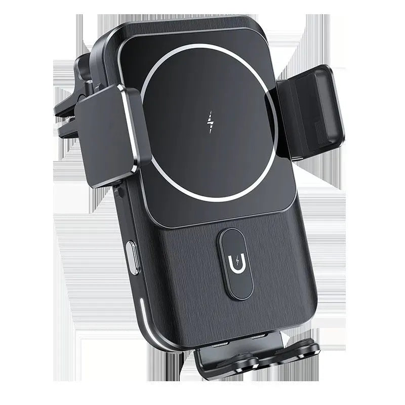 Black car wireless phone charger holder with 15W charging, showing both suction cup and clip mounting options