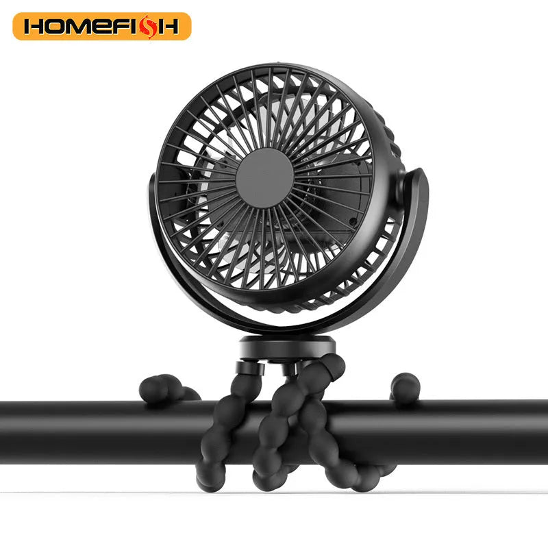 HOMEFISH F2 portable fan with automatic head shaking, LED light, and removable bracket on a white background.