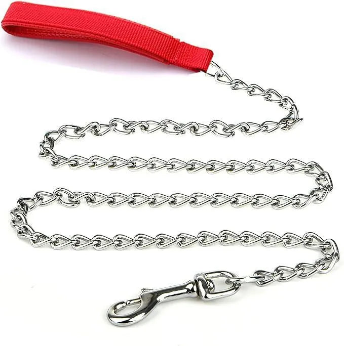 Heavy duty metal dog chain leash with a soft black padded handle, shown in red colour.