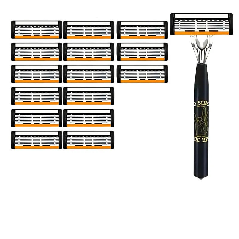 Black six-layer finger handle for manual shaver holder with assorted blade packs.