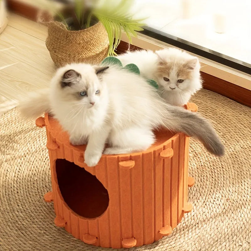 Orange carrot-shaped felt cat nest tunnel bed for cats, shown in semi-enclosed design.
