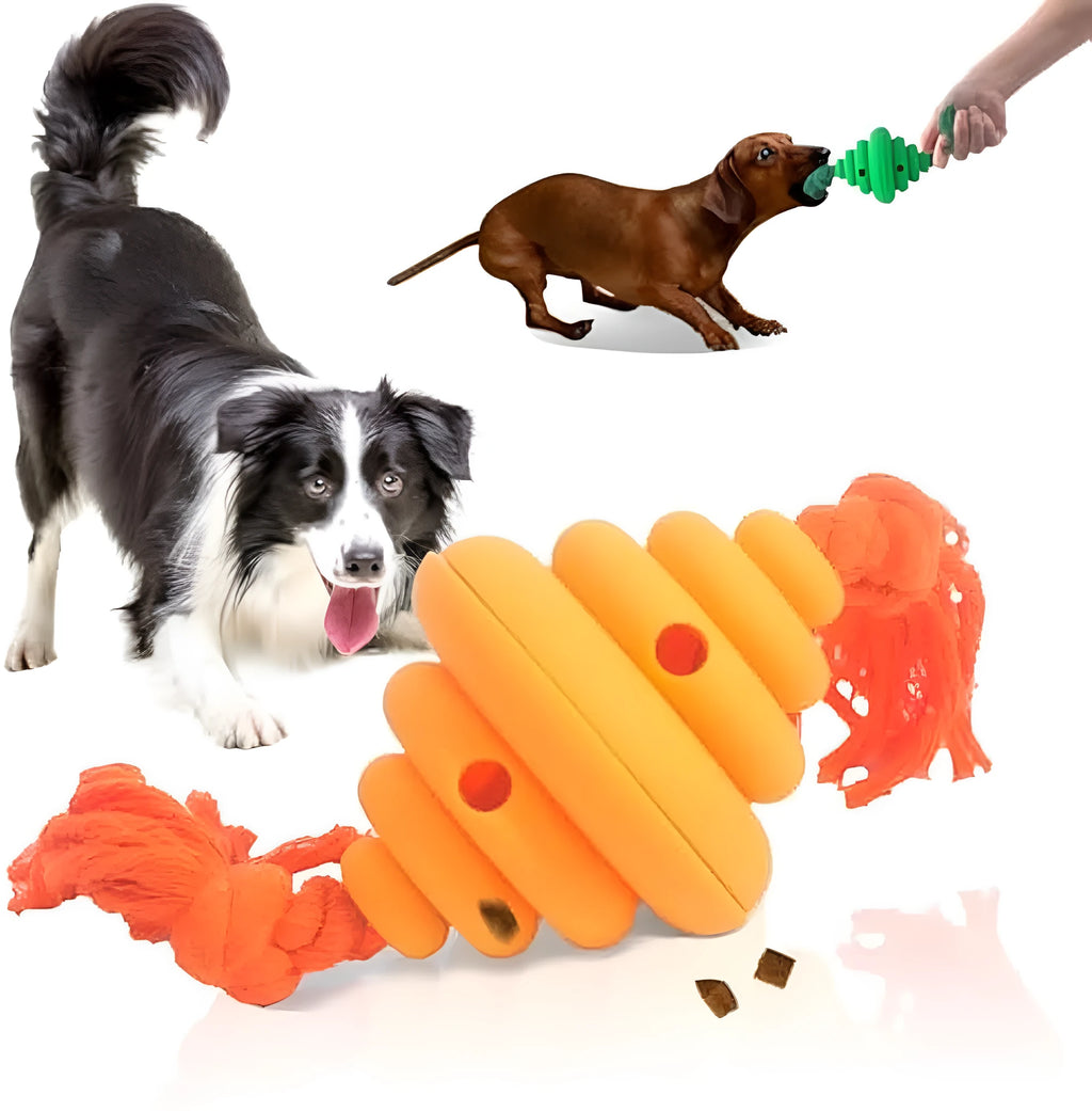 Green and yellow silicone dog ball with rope handle for tug-of-war and treat dispensing