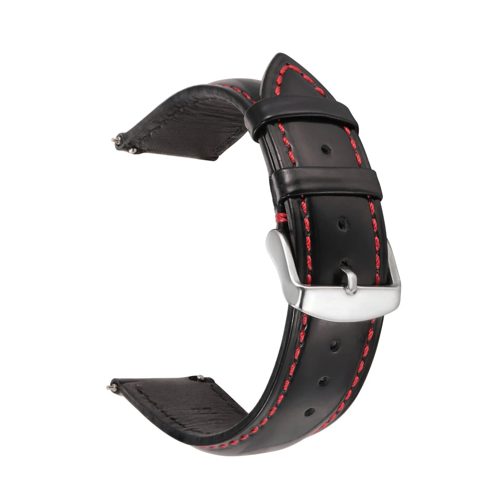 Quick release leather watch strap in bright cowhide showing colour options and width measurements