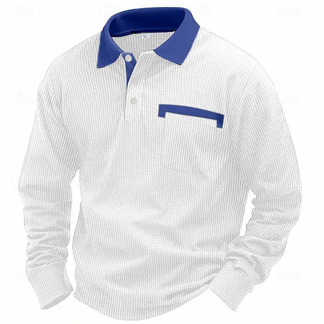Man modelling a loose-fit long sleeve polo shirt with a waffle-texture fabric in a solid colour.