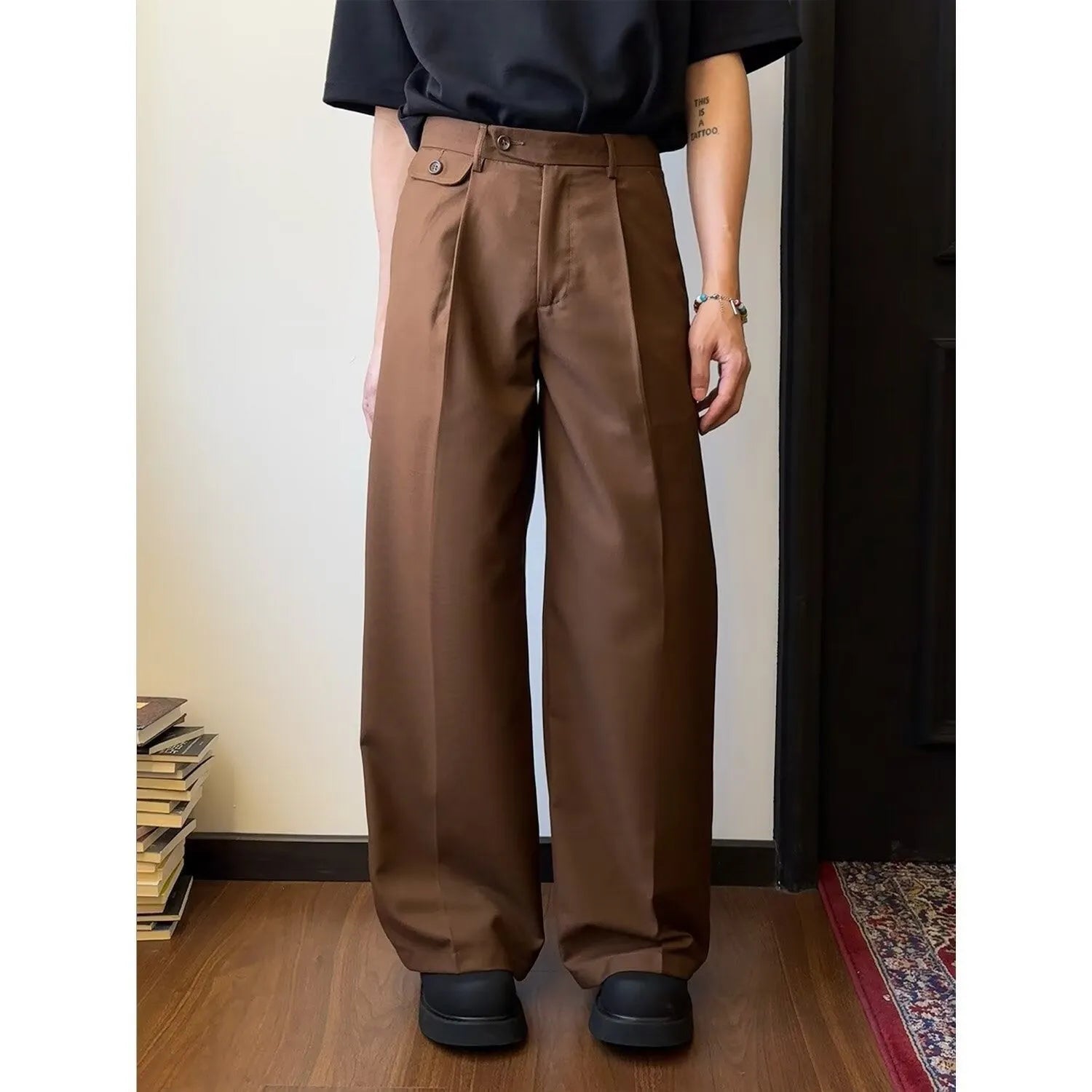 Men's straight loose wide-leg casual trousers in black and brown poly-blend fabric