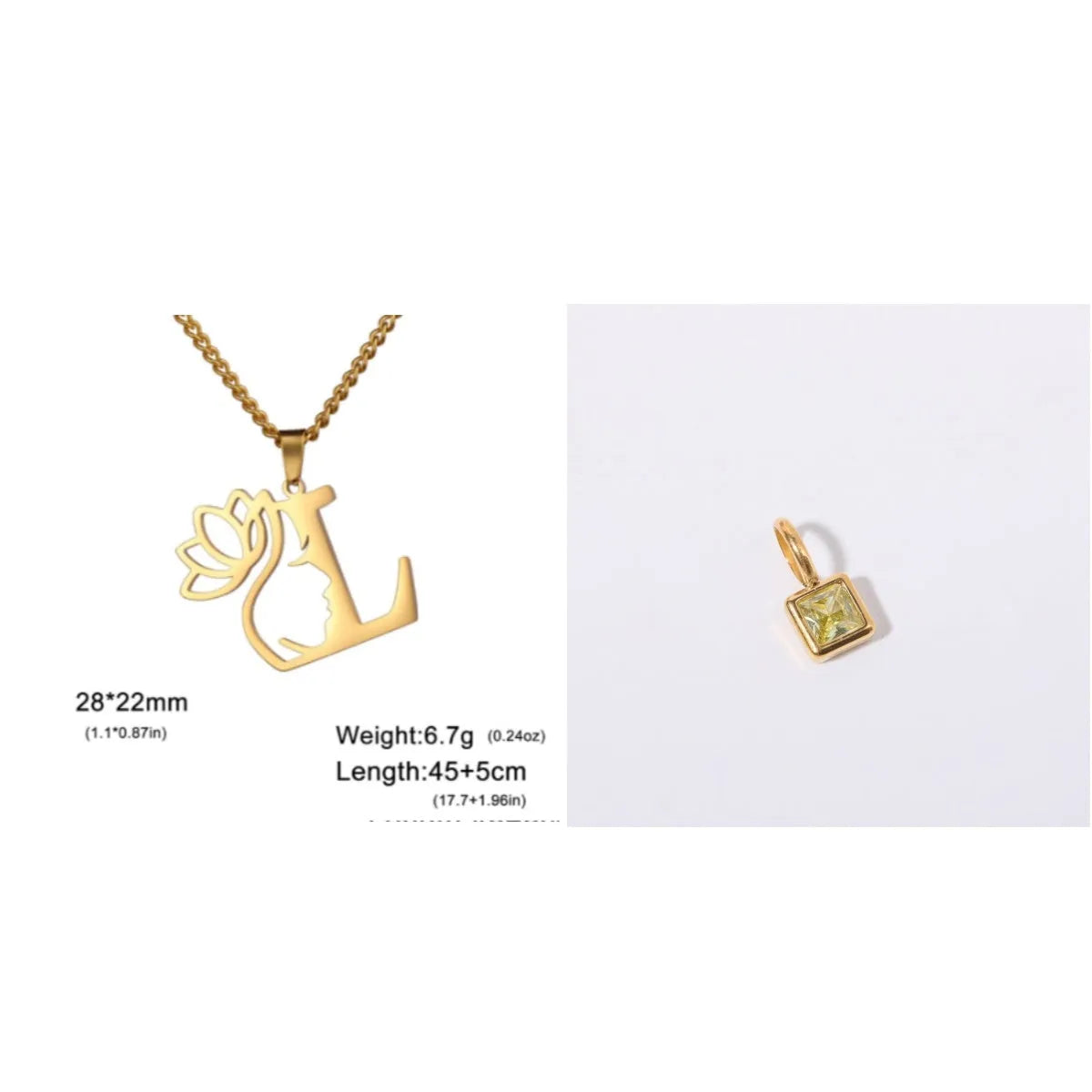 Stainless steel necklace with cross chain design and single letter pendant in gold or silver electroplated finish