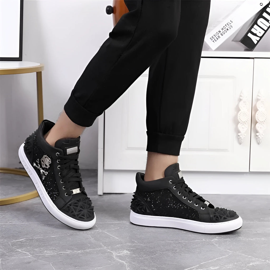 Men's black high top skeleton shoes made from genuine leather with sheepskin lining