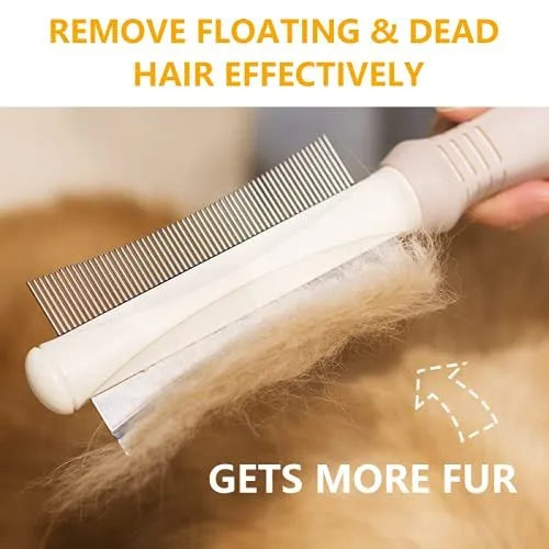 White double-sided dog and cat grooming brush with curved comb and deshedding blade, showing ergonomic handle.
