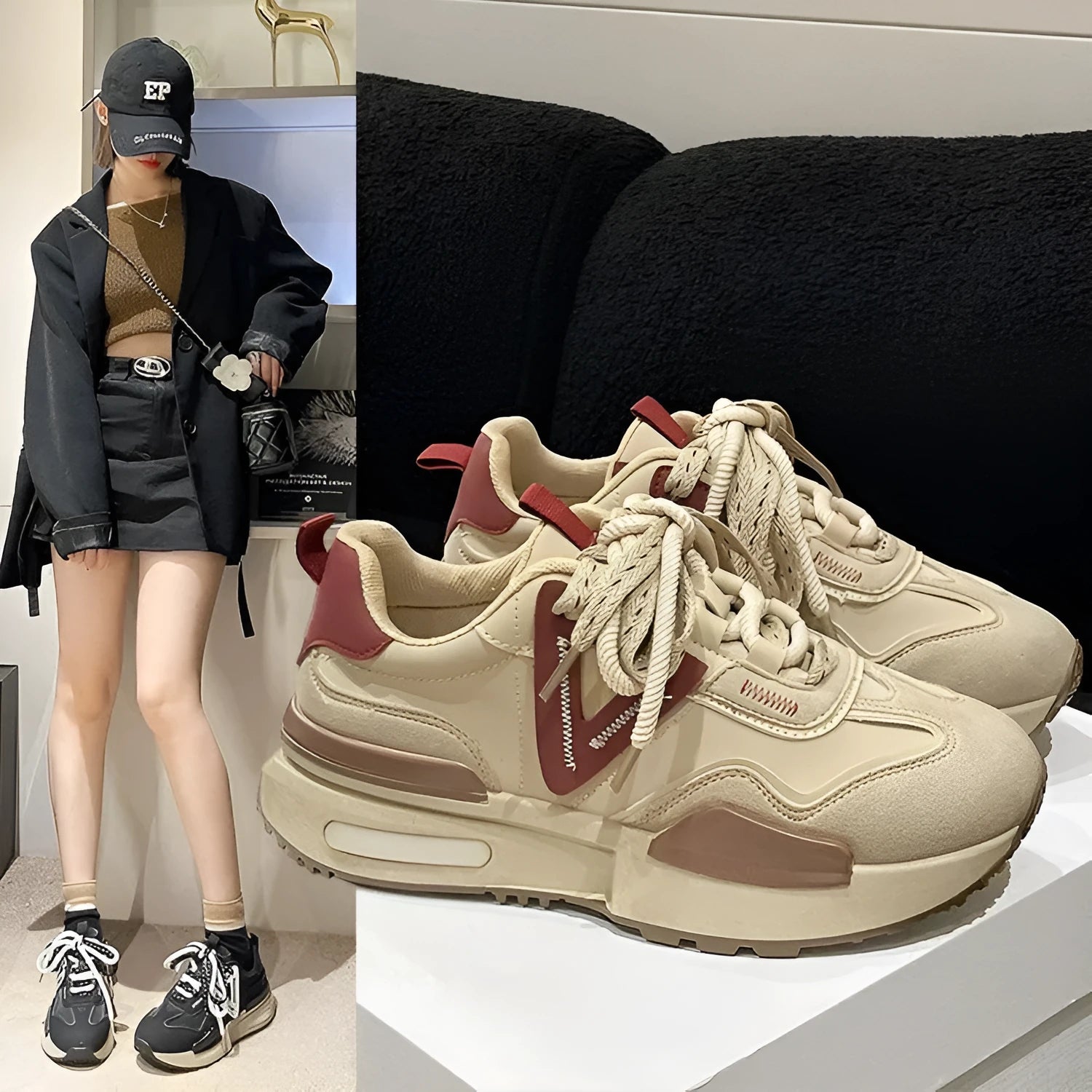 Women's black retro platform sports shoes with round toe and lace-up front on a rubber sole.