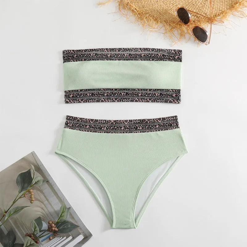 Black two-piece swimsuit with leopard print splicing and strapless high-elastic design