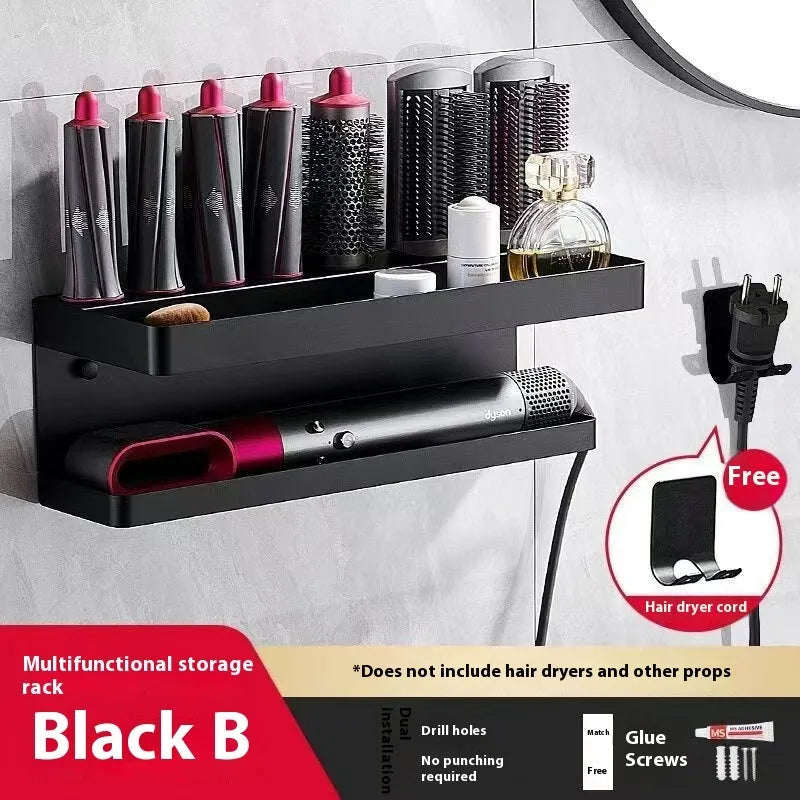 White double-layer aluminium bathroom storage rack holding Marcel Waver hair curlers with adhesive mounting
