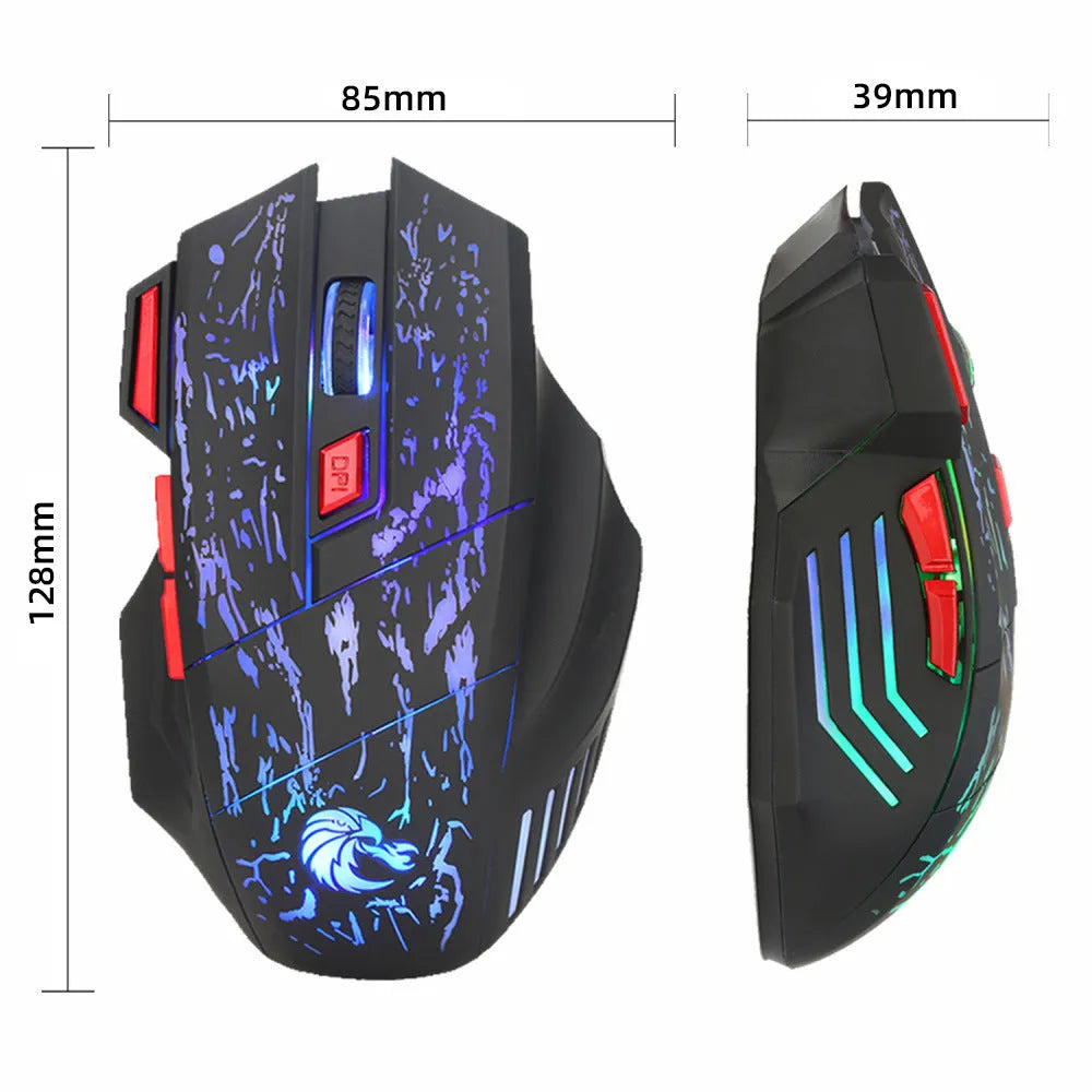 Black gaming mouse with luminous water crack pattern design, USB cable, and ergonomic shape
