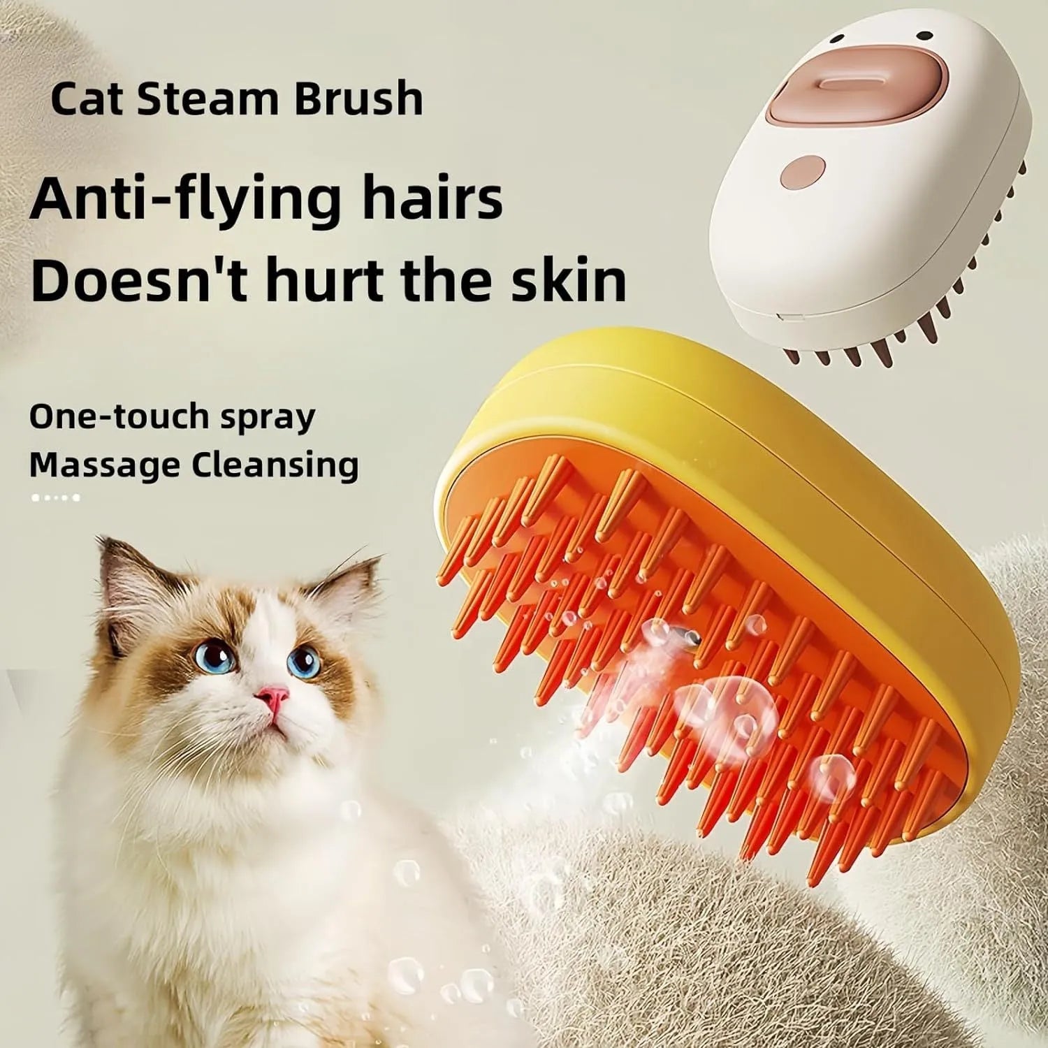 White and yellow pet steam brush with silicone teeth and water tank for dog and cat grooming
