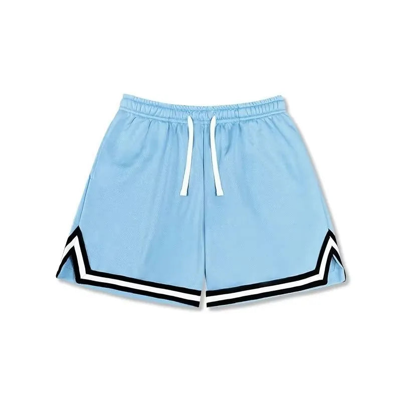 Men's loose sport shorts in polyester fabric available in nine colours including black, white, apricot, and blue shades