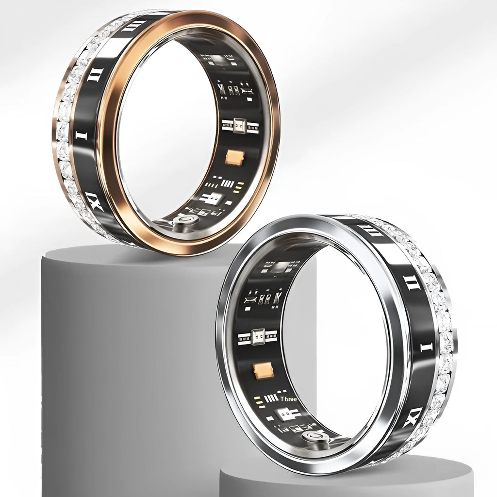 Gold and silver coloured smart ring with a diamond inlay on a finger, showing health tracking design.