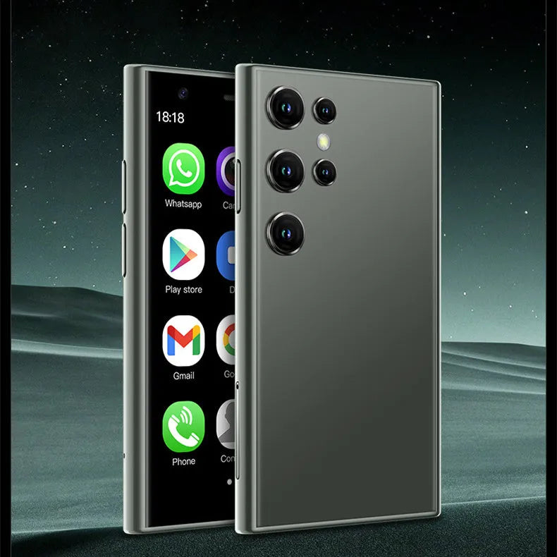 Mini smartphone with 30 screen in black, green or pink purple colours showing straight plate design
