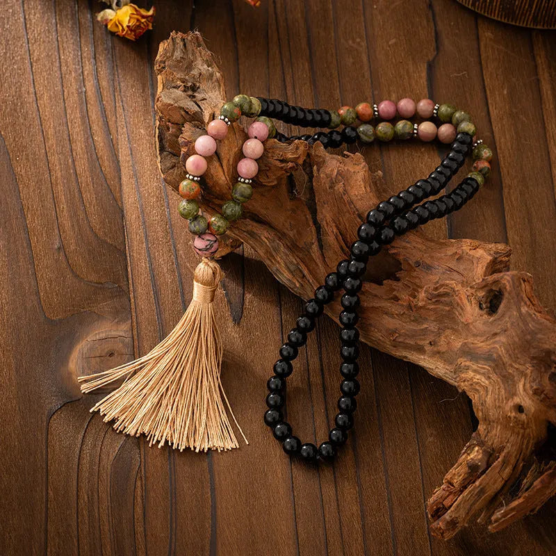 Vintage tassel bohemian style natural stone beaded long sweater chain necklace with geometric beads