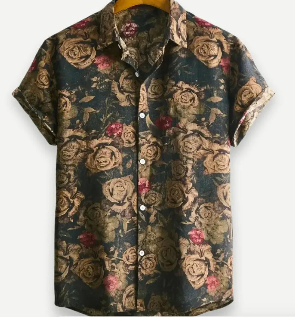 Hawaiian floral print short sleeve shirt with four-sided elastic polyester fabric