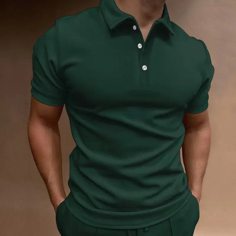 Men's grey loose fit button-down short sleeve t-shirt on a hanger.