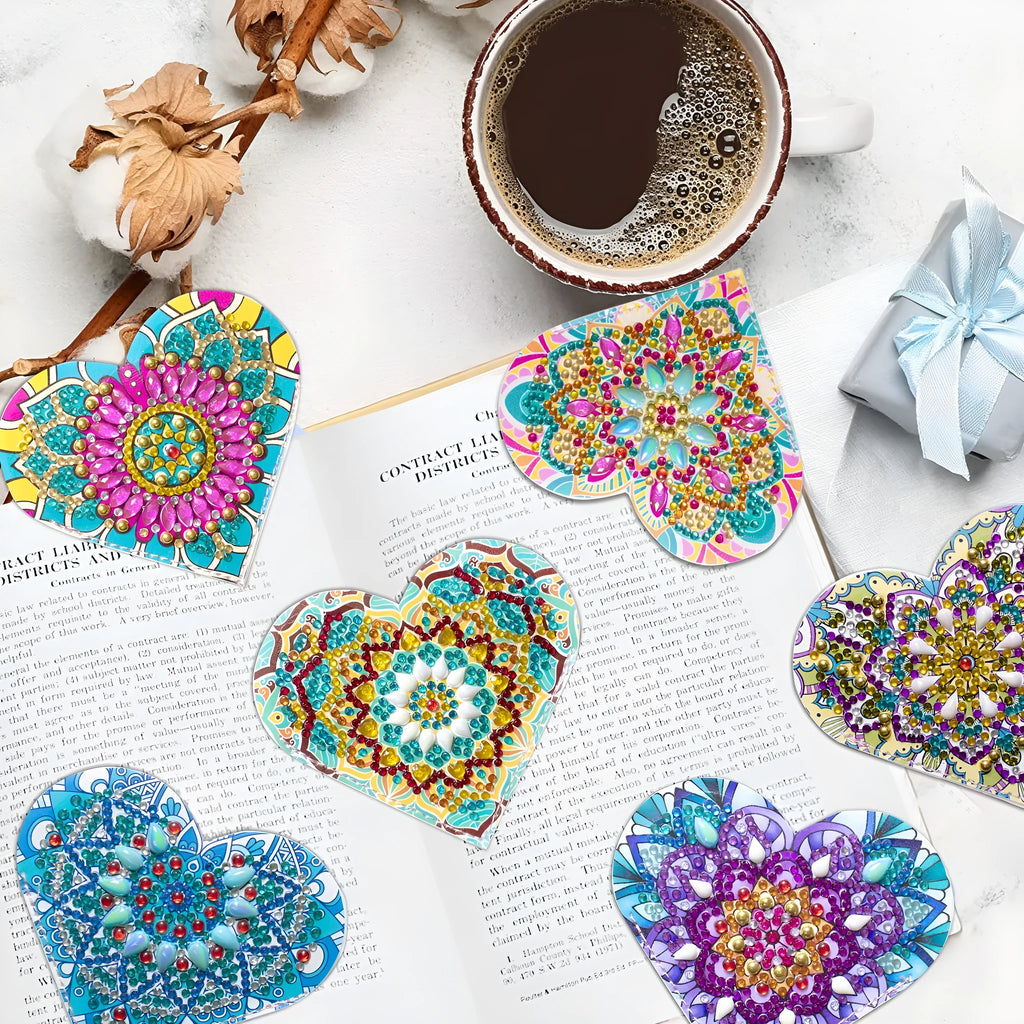 Six handmade PU leather bookmarks with crystal and flower cornerite designs in modern simplicity style