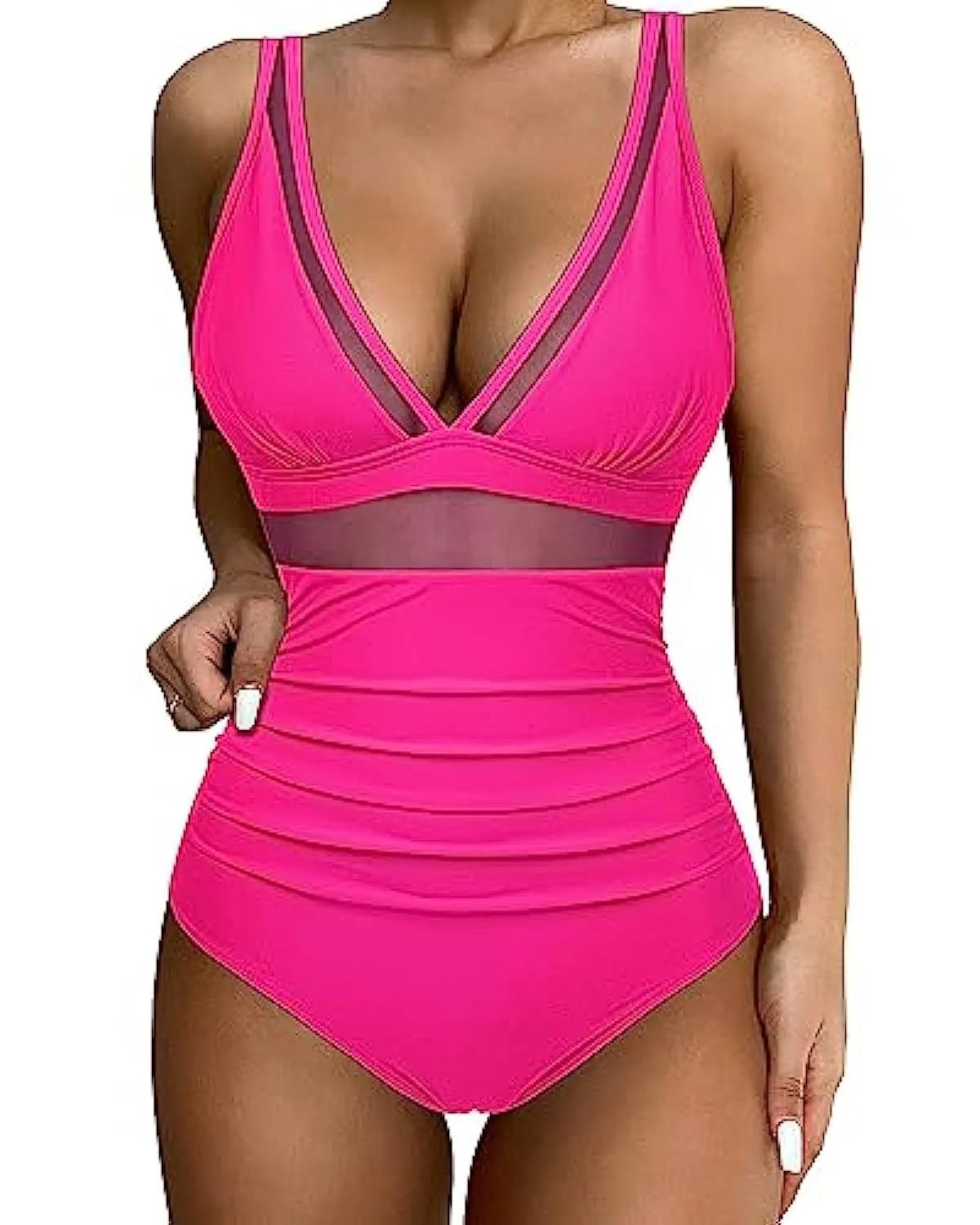 Women's high waist one-piece swimsuit in leopard print and solid colours on a mannequin.