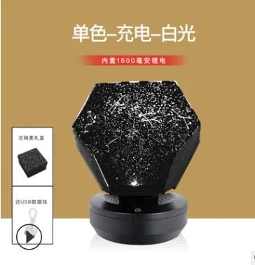 LED starry sky projector night lamp showing constellation projection on a bedroom ceiling.