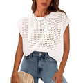 White women's loose fit sweater with crochet detail on sleeves, round neck pullover style