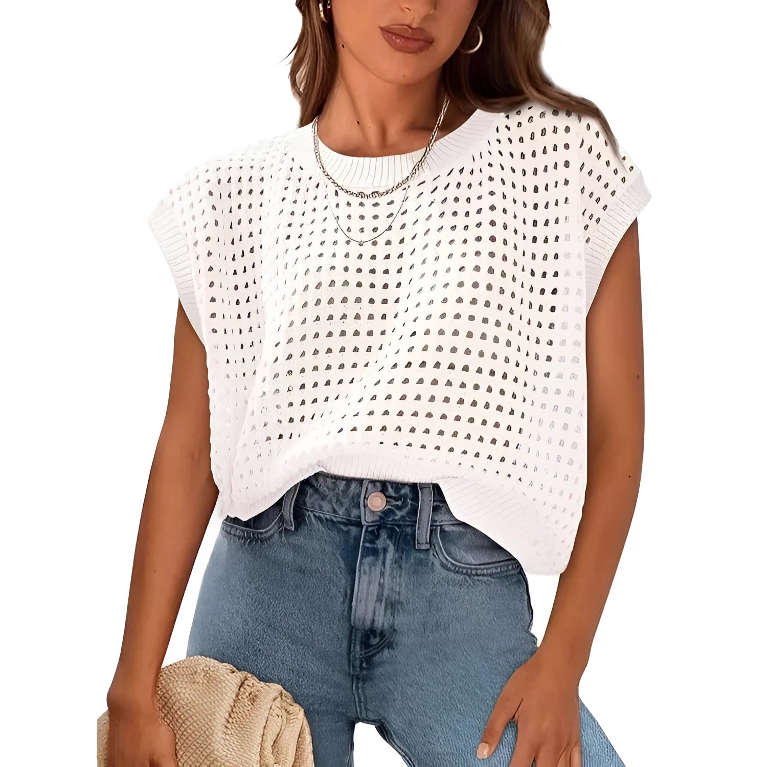White women's loose fit sweater with crochet detail on sleeves, round neck pullover style