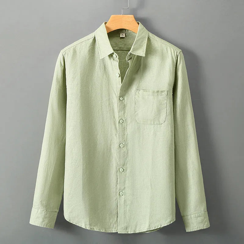 Linen long sleeve cardigan shirt in a loose Chinese style, shown in a solid colour.