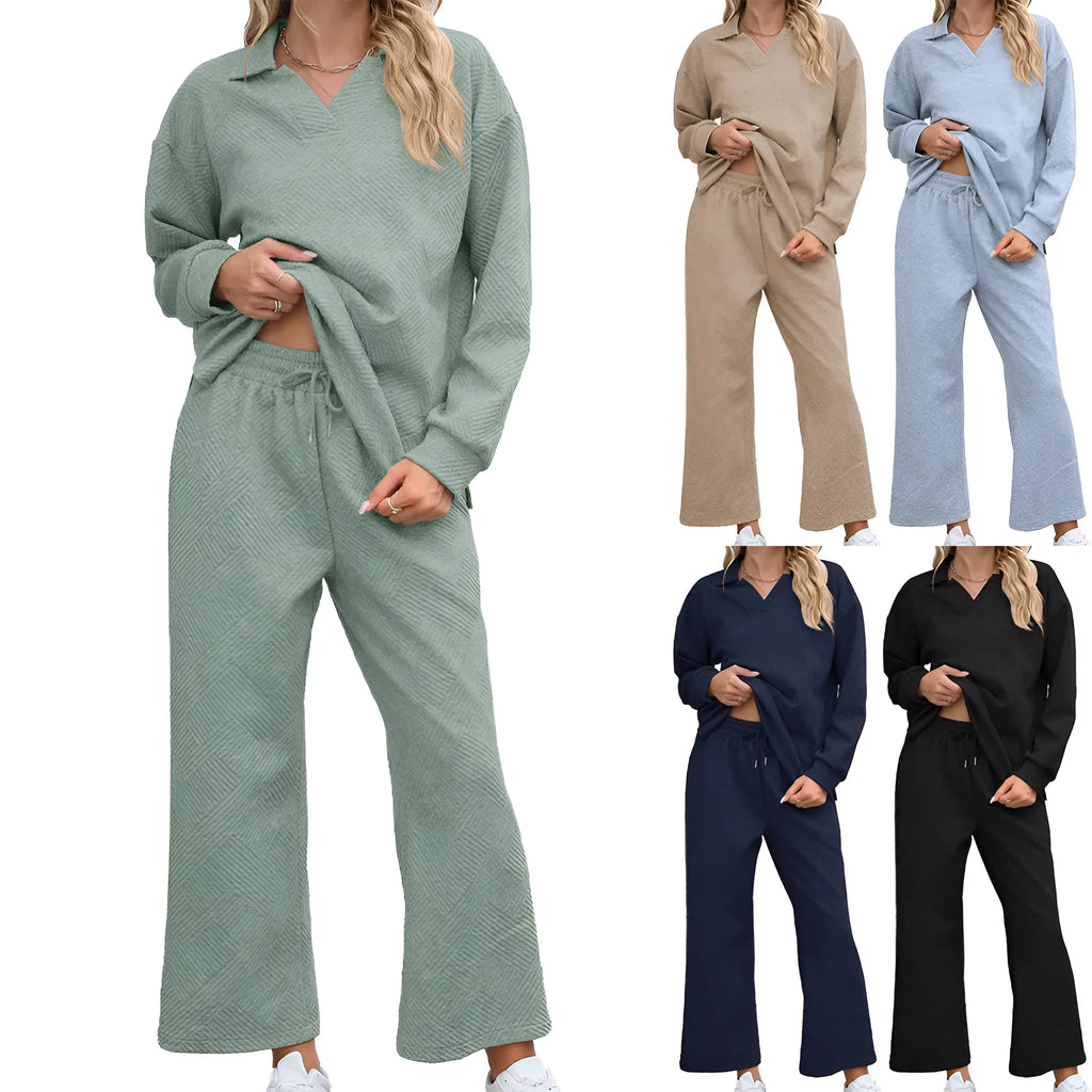 Women's solid colour lapel long sleeve knit jumpsuit with elastic waist trousers in jacquard fabric.