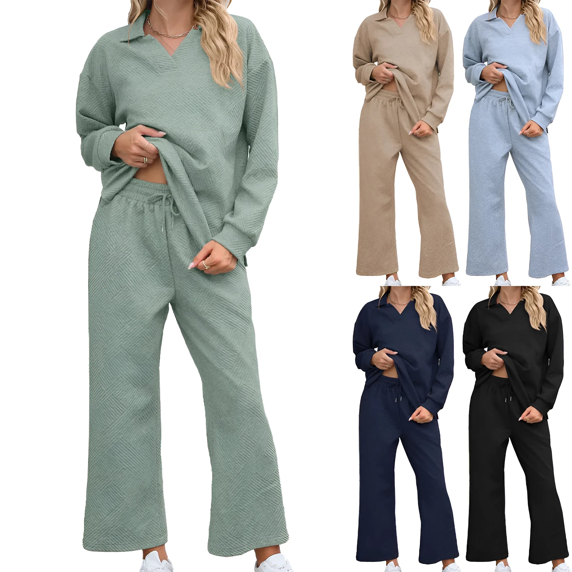 Women's solid colour lapel long sleeve knit jumpsuit with elastic waist trousers in jacquard fabric.