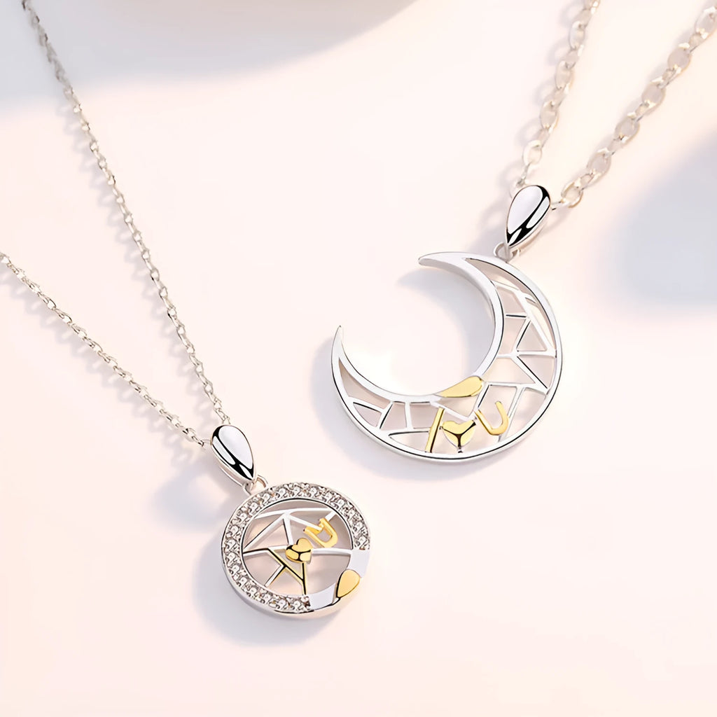 Sun and moon tooth couple necklace with copper pendant and cross chain.