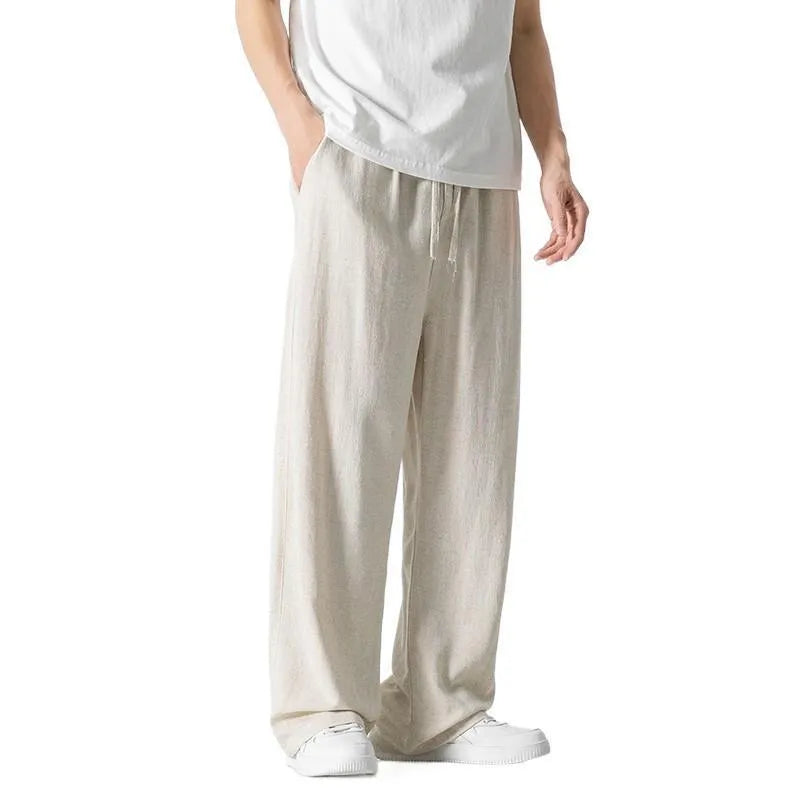 Men's bamboo fibre summer trousers with drawstring waist and cropped straight-leg design in solid colours