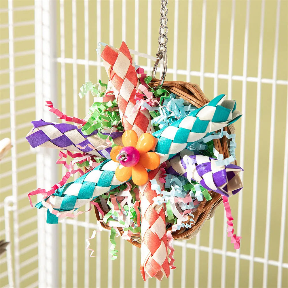 Three natural wood and rope parrot gnawing toys hanging as a bundle for large bird cage enrichment.