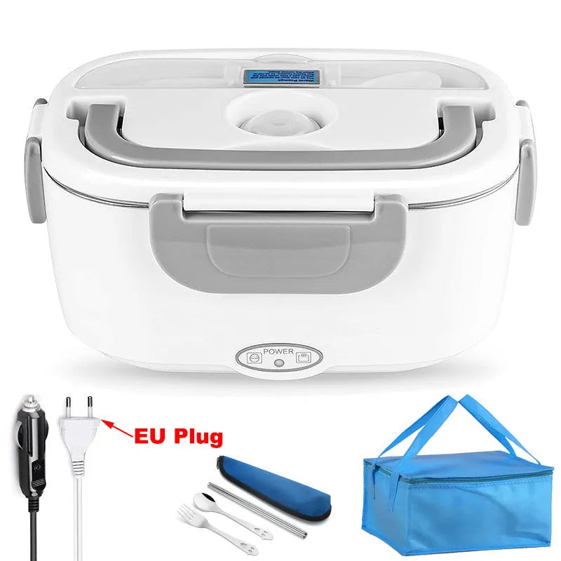 Grey electric heating lunch box with stainless steel inner tank for car and home use